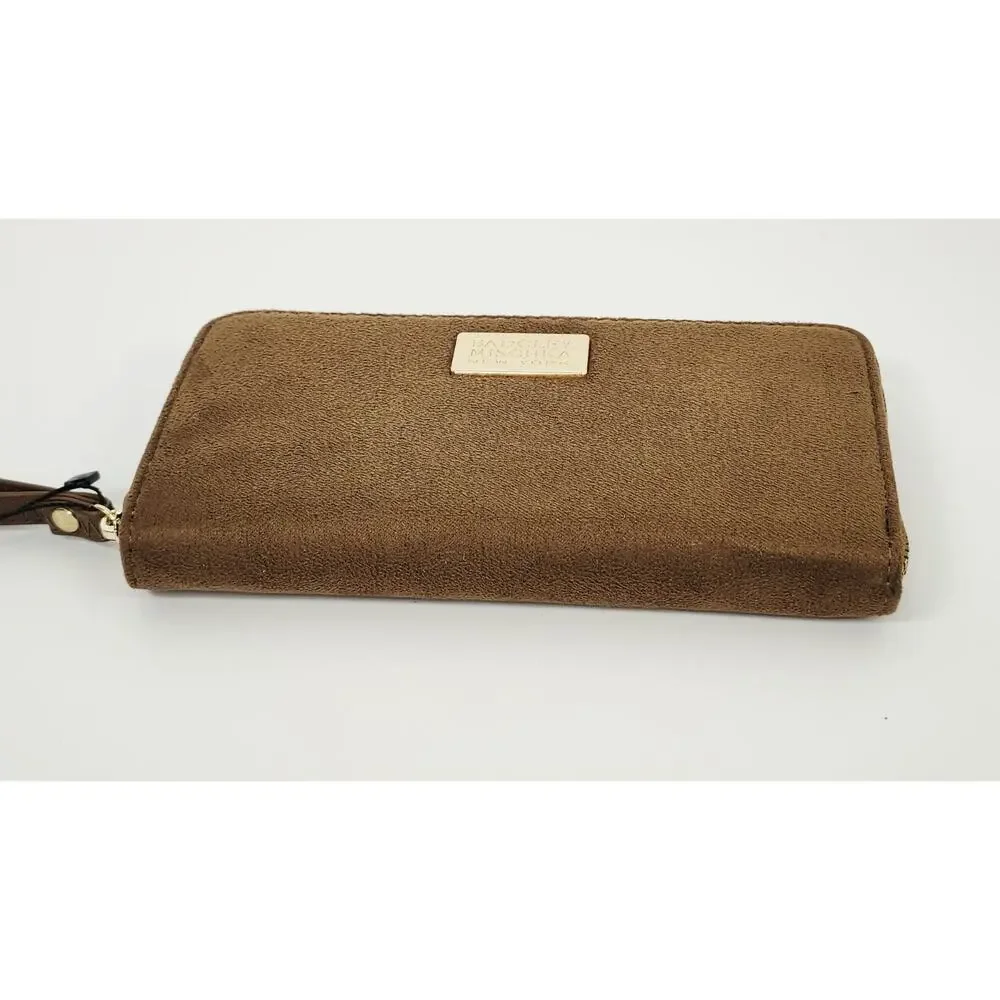 Badgley Mischka Tan Brown Suede Zip Around Wristlet Continental Wallet NWT